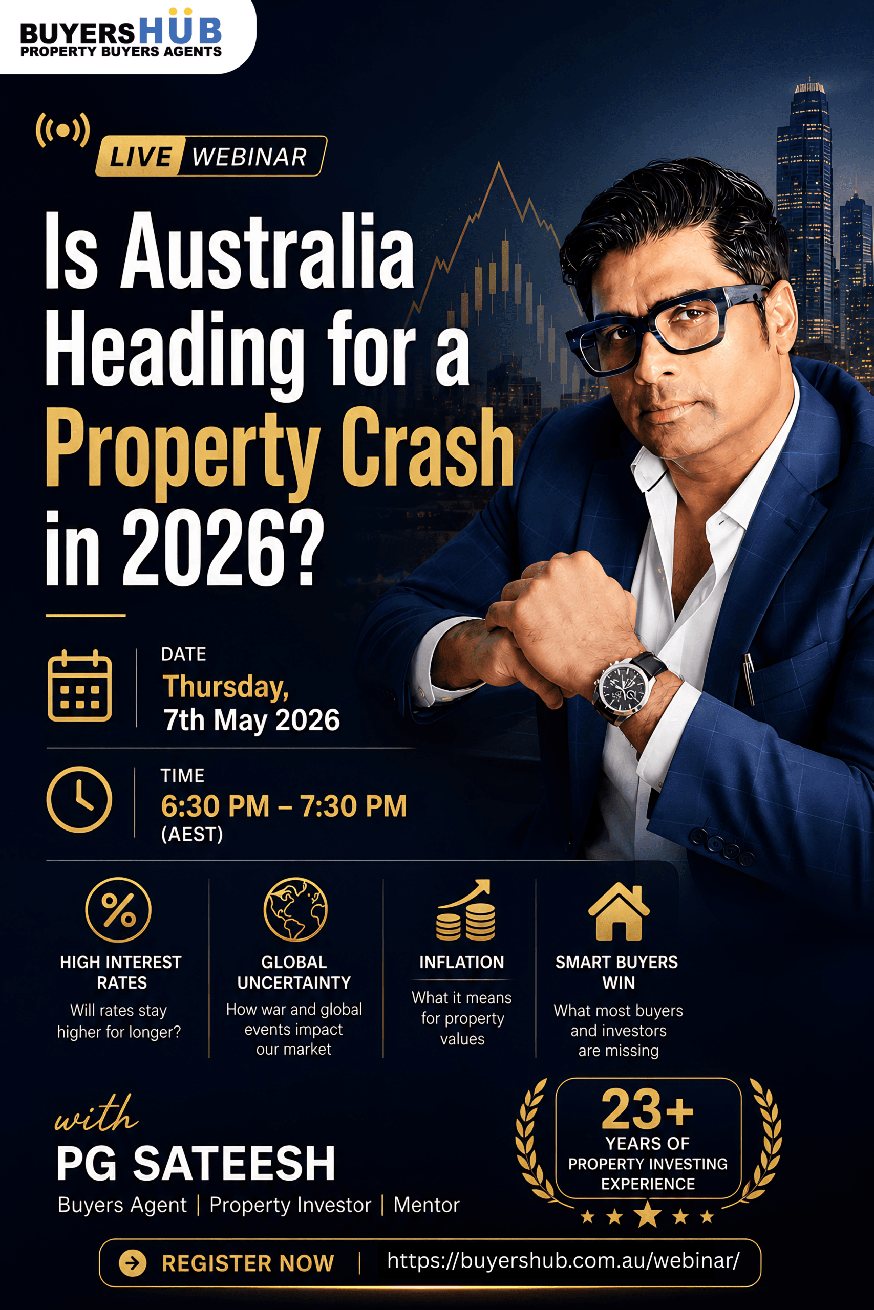 Buyers Hub webinar on Australia property market crash 2026 with PG Sateesh discussing interest rates, inflation, and investment strategies